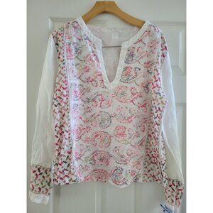 120% Lino Linen Womens White Pink Floral Embroidered Top blouse size Medium